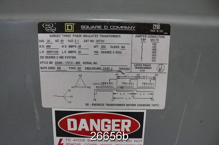 Used Square D  Three Phase Dry Type Lighting Transformer, 30 Kva, 480V Primary, 208Y/120 Secondary, Style No 333-49-17212-055, Class Aa Date Code Dd, Type So, Enclosure Type 2, Seven Taps From 432V To 504V, Weight 250 Lbs #26656