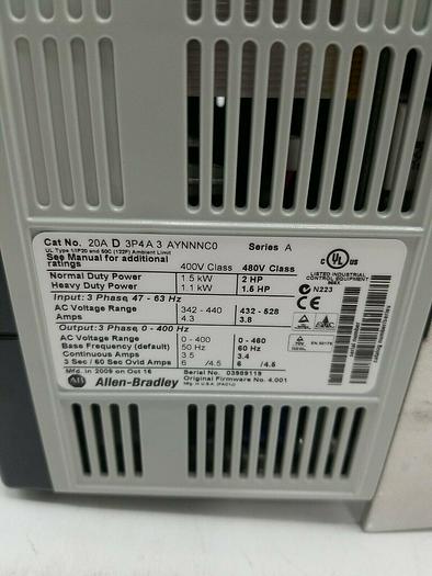 Used Allen Bradley 20AD3P4A3AYNNNC0 SER A Power Flex AC Drive 2hp 480v vfd