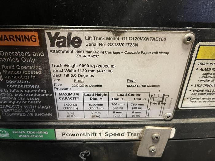 Used 12,000 POUND YALE GLC120SVX WITH 60" DIAMETER CASCADE ROLL CLAMP