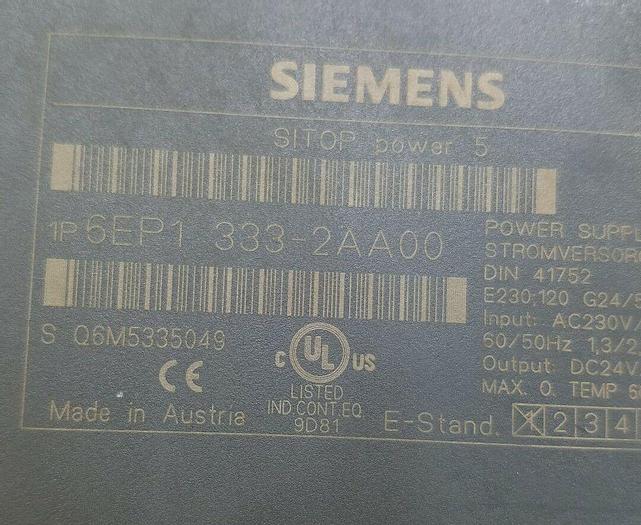 Used Siemens 6EP1-333-2AA00 Sitop Power 5 Power Supply In: 120/230V Out: 24VDC