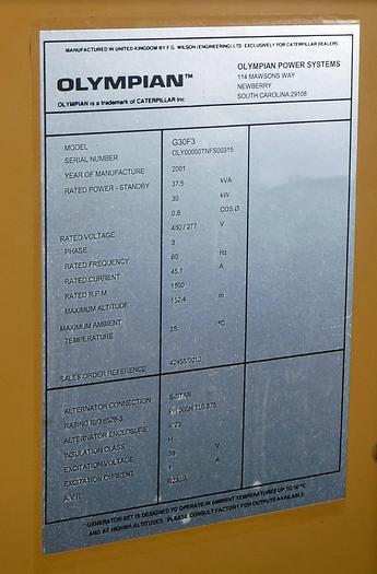Used STAND-BY GENERATOR, OLYMPIAN MODEL G30F3, 30KW
