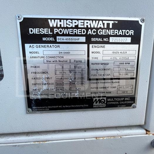 Used Whisperwatt Diesel Powered AC Generator Unit