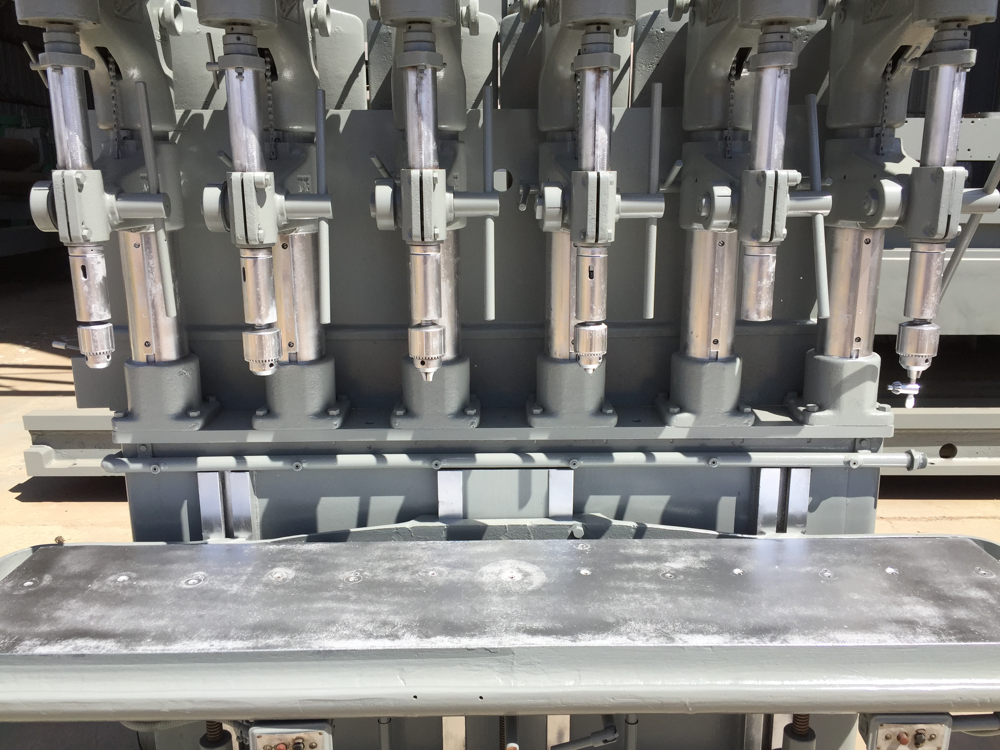 Used 6 Spindle Buffalo Production Drill; #2 MT; 14” x 66” Tbl;