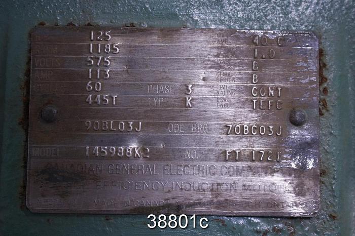 Used Canadian General Electric 145988K2 AC Motor, 125 Hp, 1185 Rpm, 575 Volt #38801