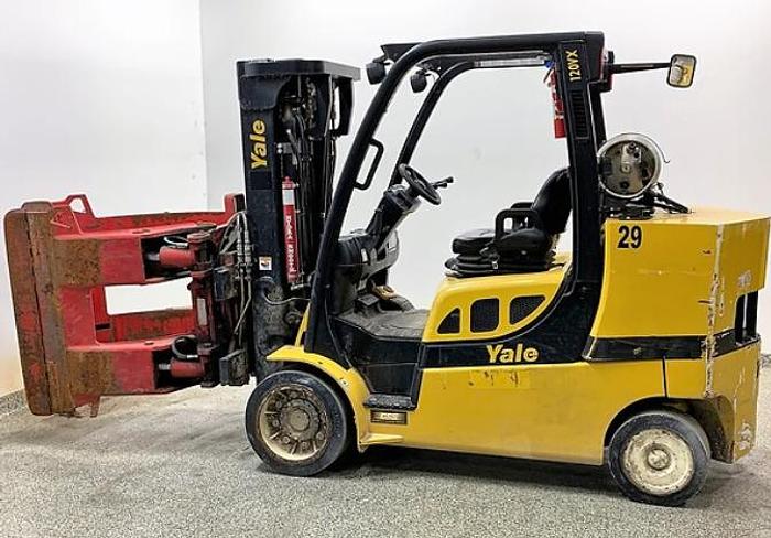 Used 12,000 POUND GLC120VXPRS YALE MODEL W/ 72" BOLZONI ROLL CLAMP MFG. 2013