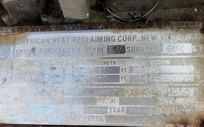 Used Heat Exchanger, Spiral, 90 SF, American Heat Reclaiming, S/st, 75 PSI, #S742581