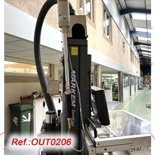 Used EQUIPO LOTEDOR MARCADOR LÁSER "MARKEM" MODELO "SMARTLASE-130" MONTADO EN UNA BANCADA CON SOBREMESA CON CINTA DE LONA Y ASPIRADOR "MARKEM" MODELO "ES-400i"