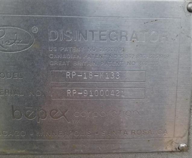 Used Mill, Disintegrator, Rietz, Mdl RP-18-K-133, S/st, 50 HP, A #S743486
