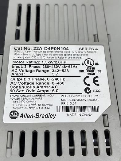 Used Allen-Bradley 22A-D4P0N104 Ser A 2.0Hp 1.5KW