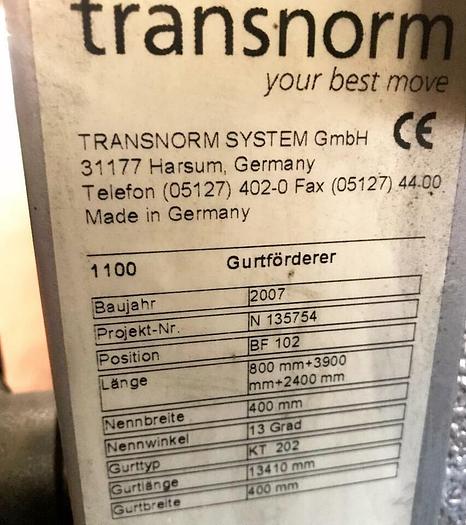 Gebraucht TRANSNORM Gurtförderer, Steigförderer, Förderband 7,1 Meter 1100