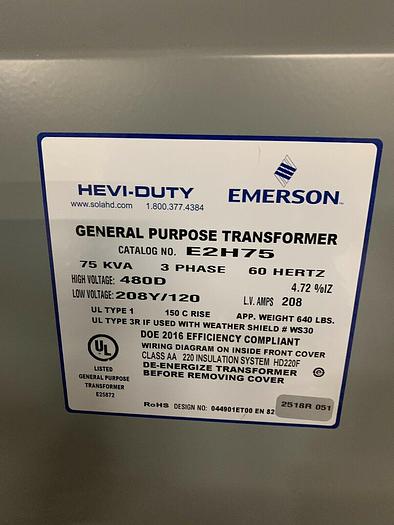 Emerson Model: 75 KVA 3 Phase Transformer 480D 208Y/120 Cat E2H75