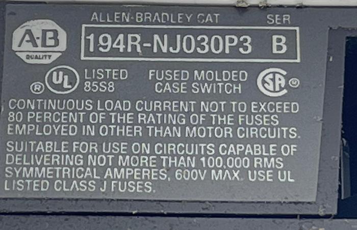 Used ALLEN-BRADLEY 194R-NJ030P3 Ser B 