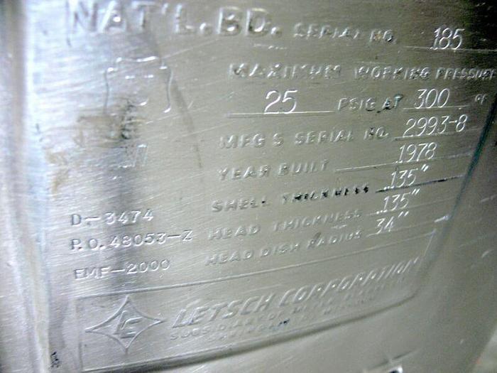 Used Letsch 720 Liter / 190 Gallon  Stainless Steel Tank / Pressure Vessel 25 PSI