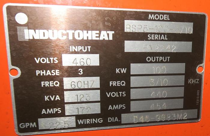 Used Inducto-Heat BSP5-100-3/10, 100 kW, 3/10 kHz