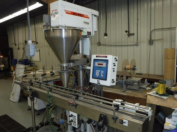 Used ALL-FILL CEREBUS III SHAA400 FILLER WITH CONVEYOR, LABELER & ACCUM. TABLE