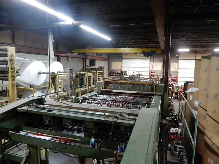 Used 74" (1.87M) LENOX SINGLE ROTARY KNIFE SHEETER 3 UNWIND STANDS AND STACKER