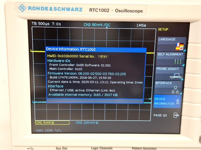Used Rohde & Schwarz (R&S) RTC1002 (RTC1K-52) 50MHz Digital Oscilloscope 2 Channel
