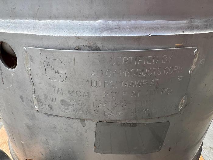 Used Tank, 30 Gallon, 316L Stainless Steel, 100 PSI, DT/DB, Alloy Products #S744749