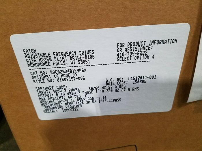 BAC Eaton Adjustable Frequency Drive VFD 20HP 460V 3PH