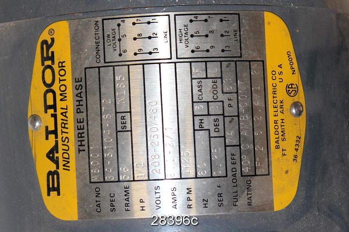 Used Baldor Baldor Ac Motor. 1/2 Hp, #28396