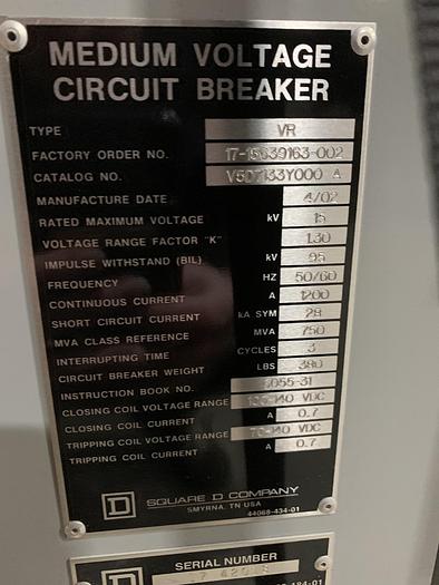 Used SQUARE D COMPANY 1200 AMP MEDIUM VOLTAGE BREAKER VACUUM SWITCH