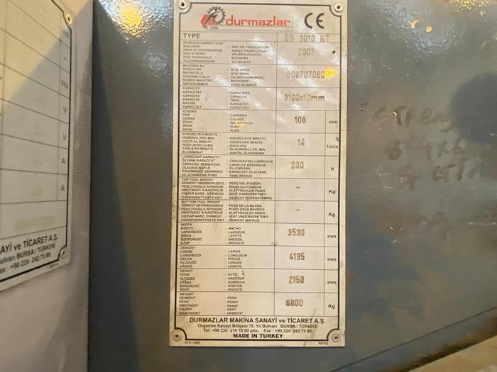 Used 2007 Durma SB3010NT Guillotine Shears