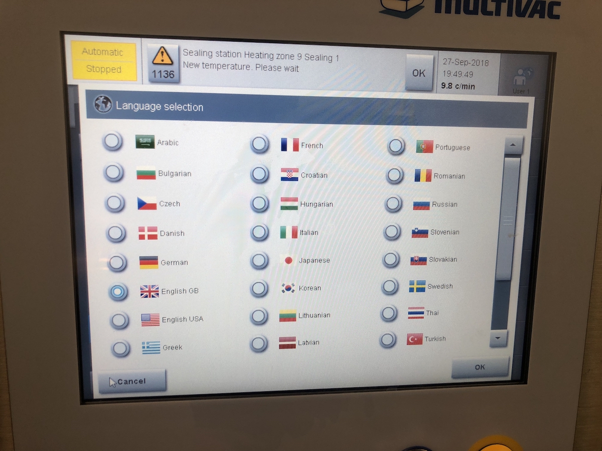 Used Multivac R275mf skin-pack thermoformer with automatic labelling machine