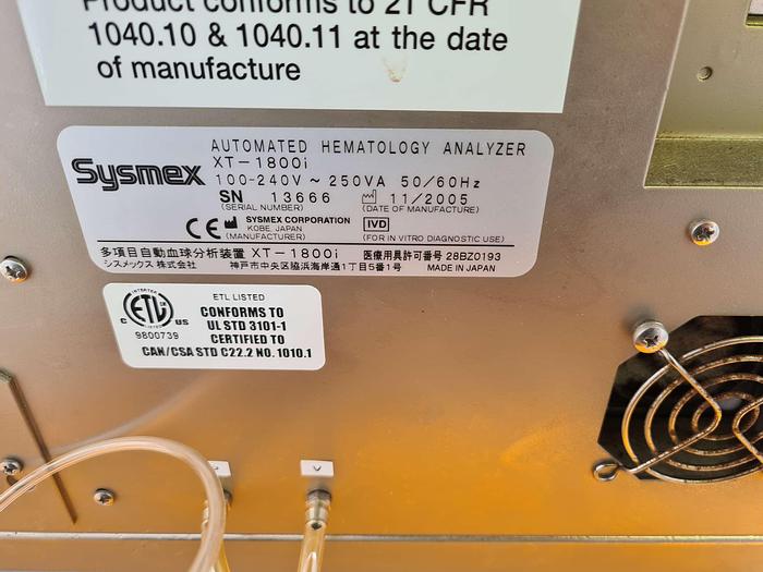 Used Sysmex XT-1800i Automated Hematology Analyzer