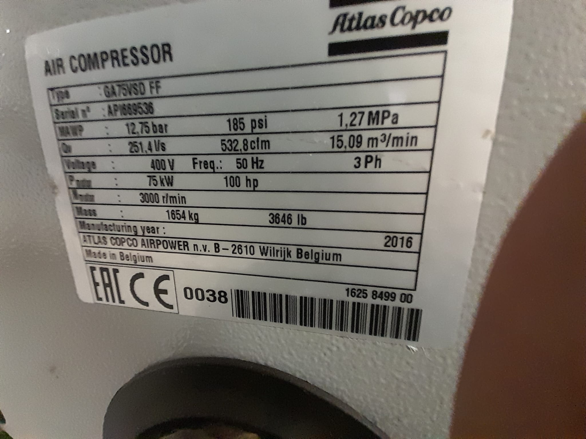 Used 2016 Atlas Copco GA75 VSD FF c/w Built in Air Dryer