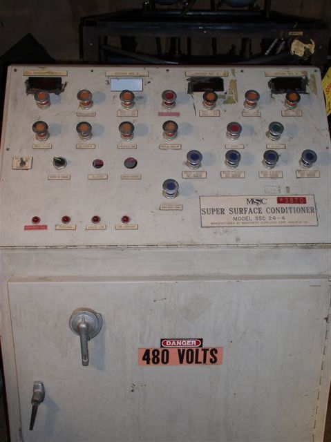 Used 24" MSC Model SSC24-4 Flat Part Deburring System; 4 Head; Dbl. Sided; Wheel / Brush; Wet; Mint; 1984