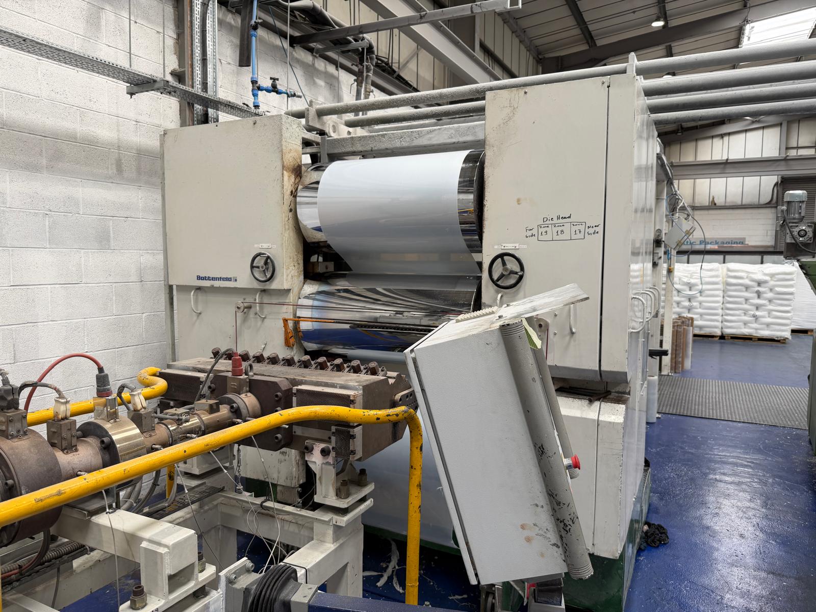 Used 1000mm wide Battenfeld sheet extrusion line. 120mm extruder, gear pump, 900mm die, 1000mm x 450mm stack, haul off 2 station winder.