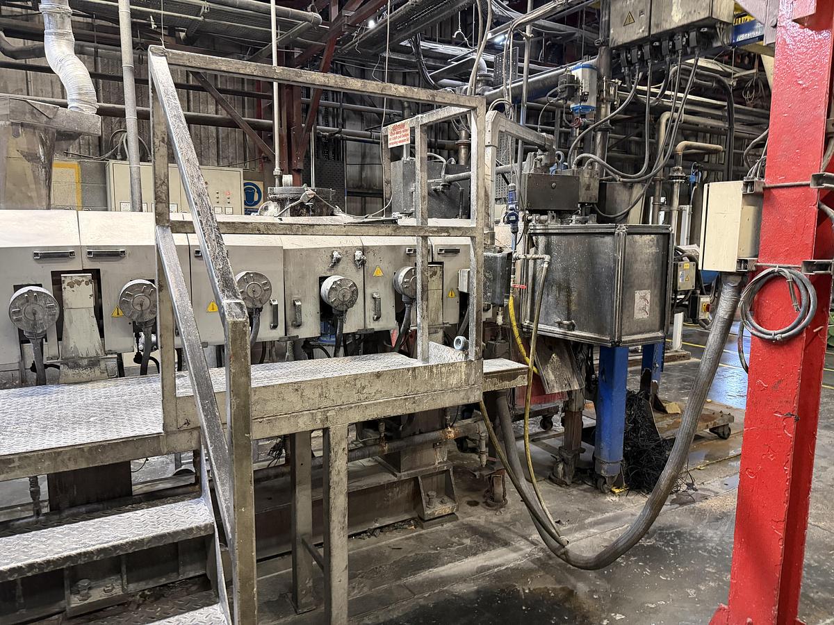 Used 110mm Berstorff model ZE110 A UT 44D twin screw compounding line. 600rpm screws. 1080kw motor. Brabender feeders. Gala EAC model 7