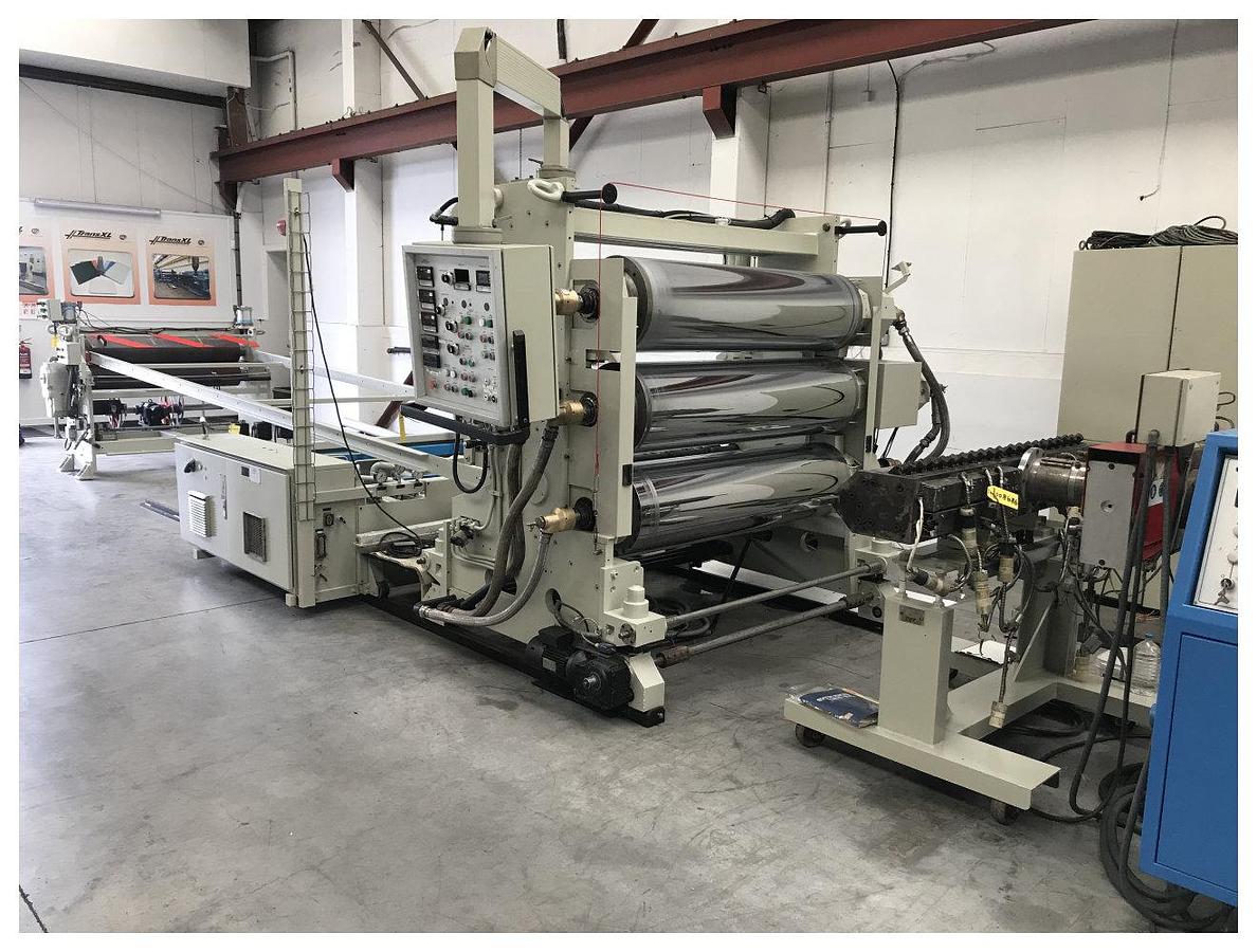 Used 1500mm Wide Omipa Union Single Screw Sheet Extrusion Line. 100mm Union single screw extruder, 1500mm die, 1500mm Omipa roll stack, pumps. Haul off