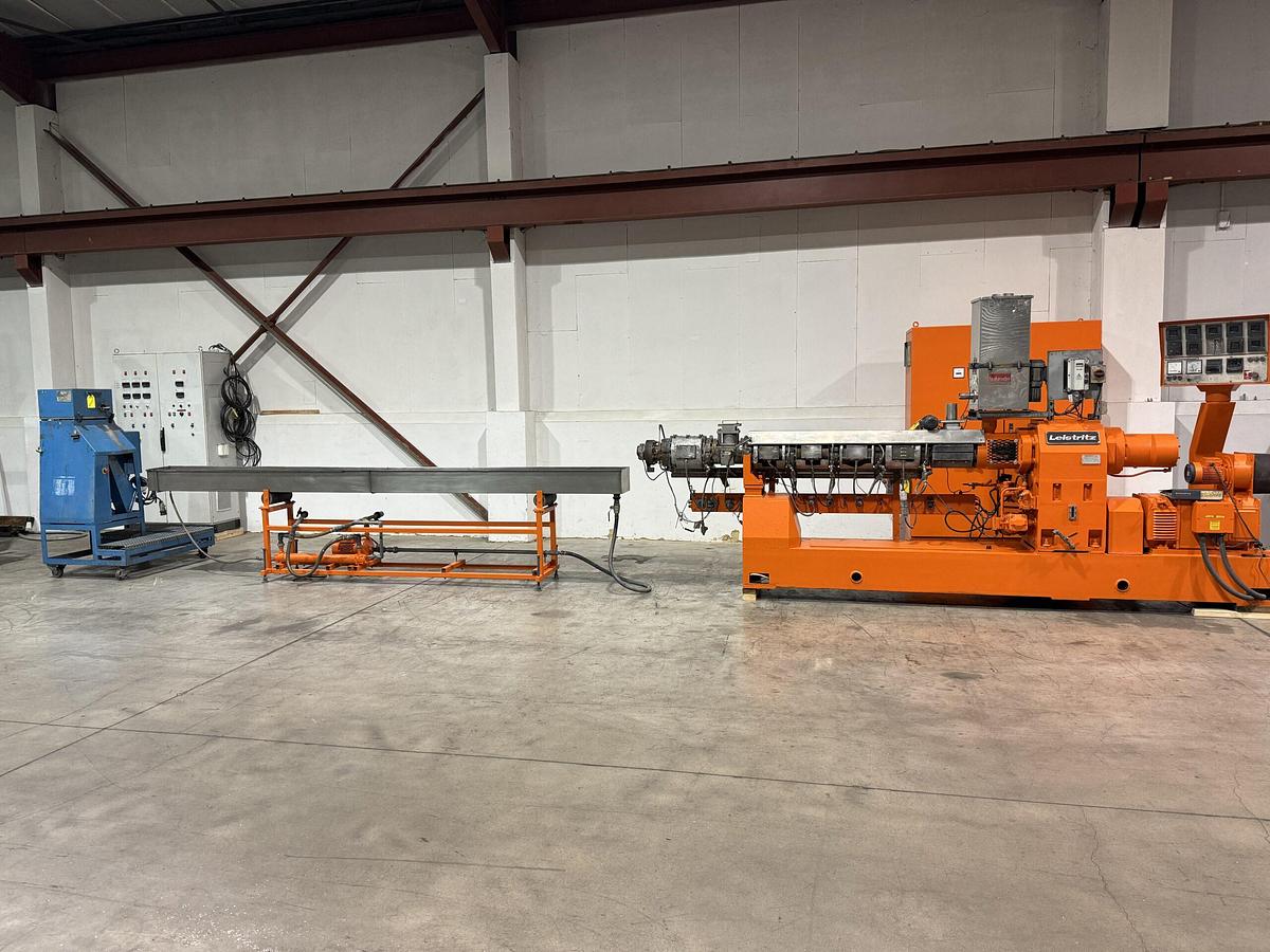 Used 67mm Leistritz Model ZSE67 GL 34D Twin Screw compounding line .  With water bath and Accrapak model 750/3 pelletiser