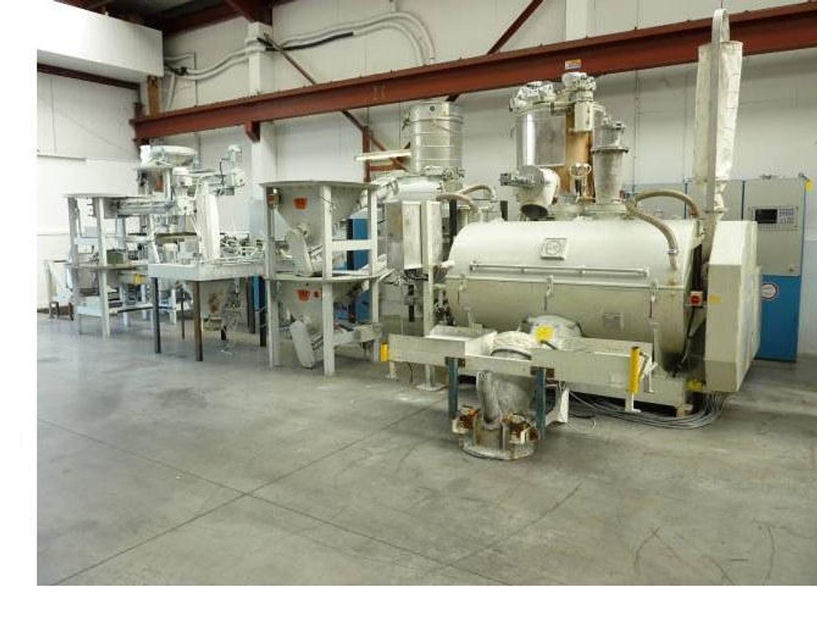 Used 500 litre MTI high speed mixer cooling combination model M500/K1600. 1990 Superb PLC integrated 'FIX' Gravimetric 4x liquid 6x powder feed system