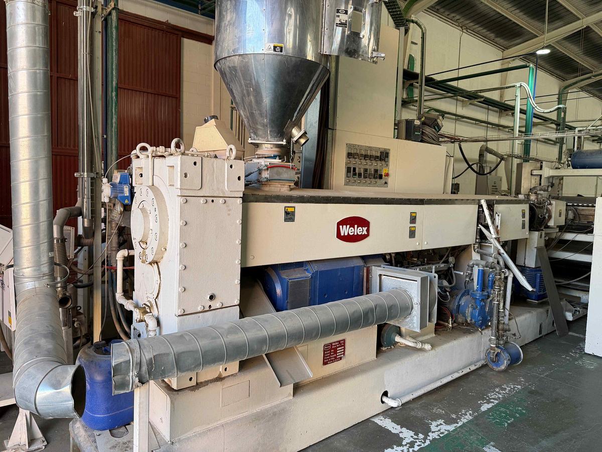 Used 1300mm wide Welex coextrusion sheet line with 120mm and 63mm extruders, 1300mm die, 1350x450mm roll stack, haul off winder. Crystalliser, dryer. 1997
