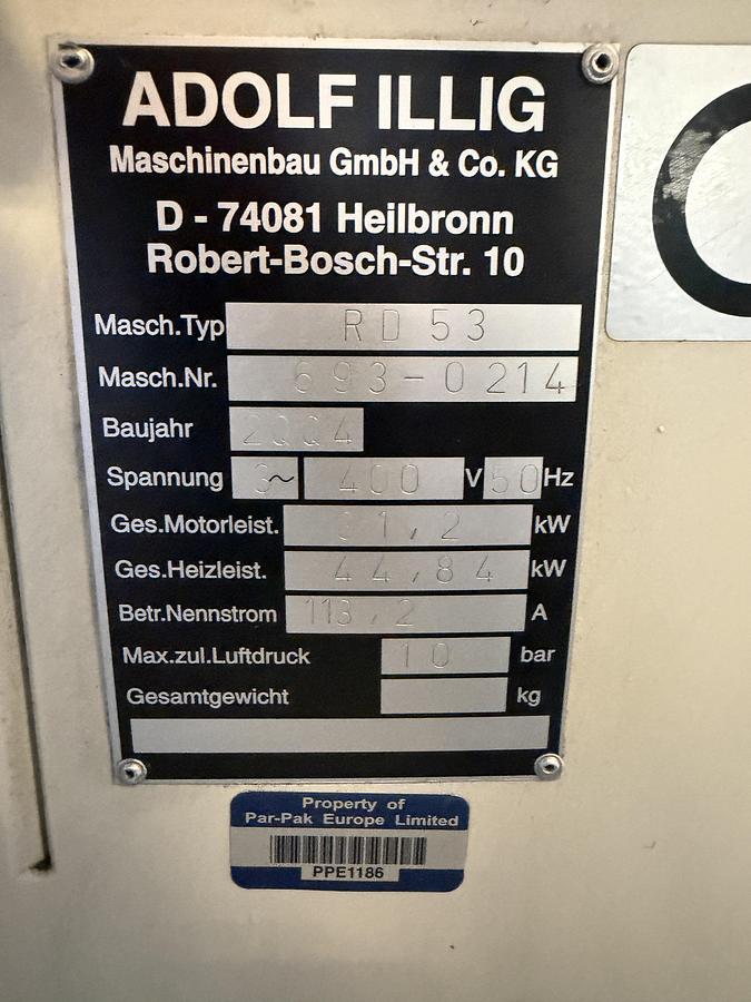 Used 500mm x 350mm Illig Model RD53 pressure forming machine 2004 with unwind and stacker