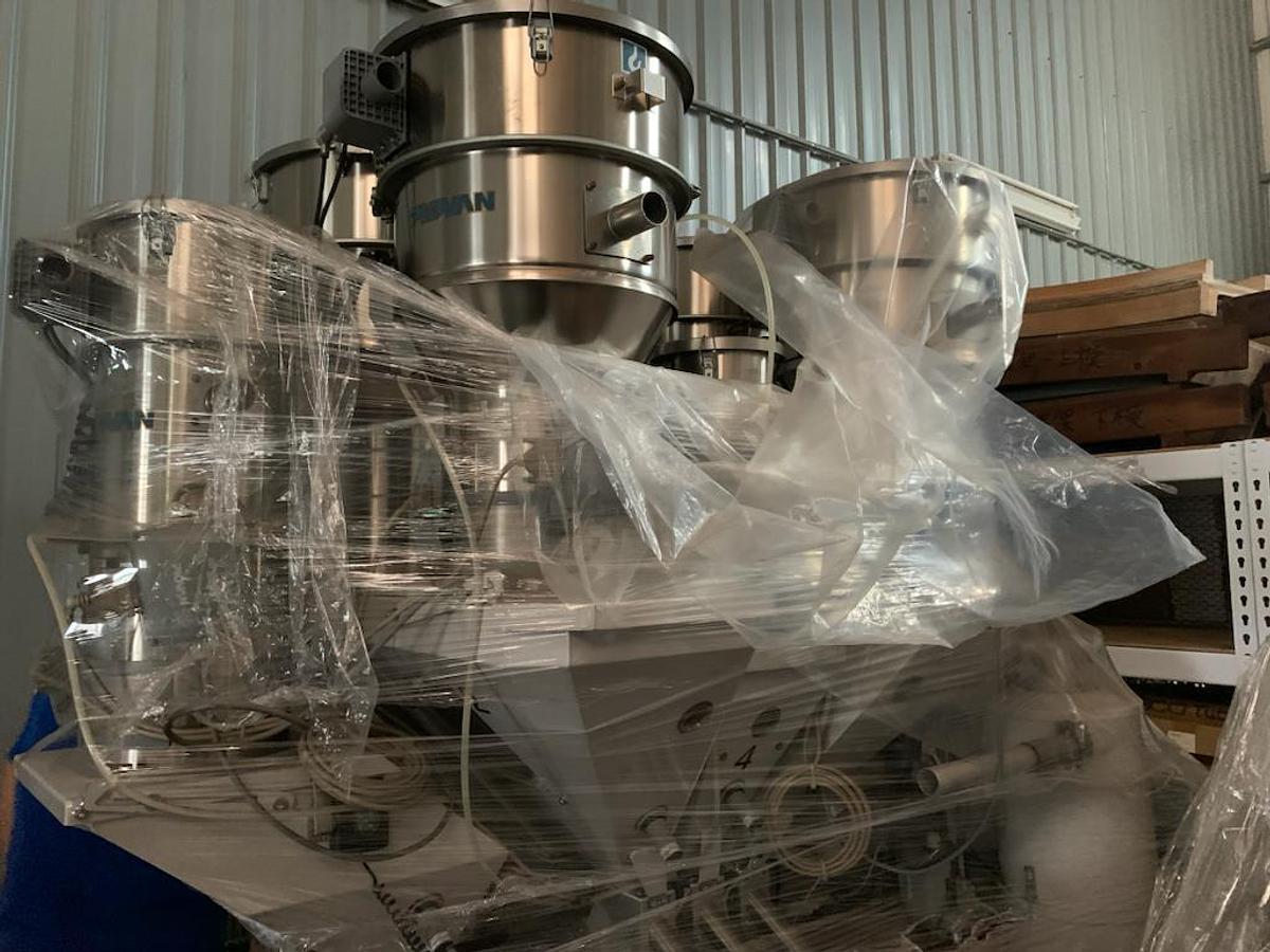 Used 6 Component Piovan MDW400 Gravimetric Doser With Vacuum Loaders And Conveying System. Side Screw Dosers. Year 2013