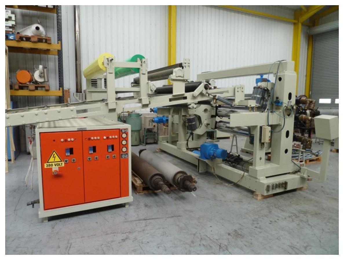 Used 1800mm wide Reifenhauser sheet extrusion line. 120mm Reifenhauser extruder, melt pump, 1700mm die, 3 roll stack, pump group, haul off, cross cut saw.
