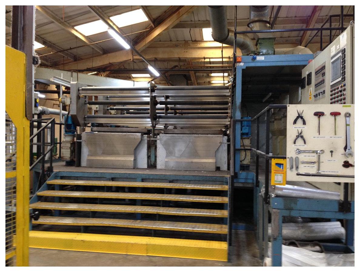 Used 600mm wide Plasticisers PP staple fibre line with 150mm and 60mm extruders. Complete with godets, ovens, crimper for 6-20 denier fibres. Up to 650kg/hr 1997