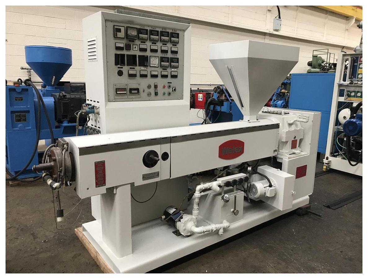 Used 1670mm wide Welex coextrusion sheet line with 120mm, 63mm Welex extruders, ABC feedblock 1700mm die, 1650mm roll stack, pump group, haul off guillotine