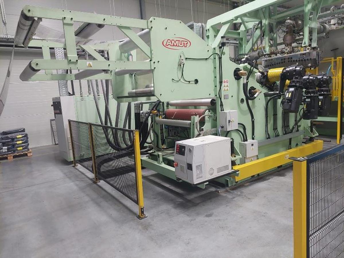 Used 1000mm wide Amut PET sheet line. 0.2-1.5mm. 100mm+48mm single extruders, 1000mm wide x 450mm calender, scanner, haul off 3 station winder. 2018