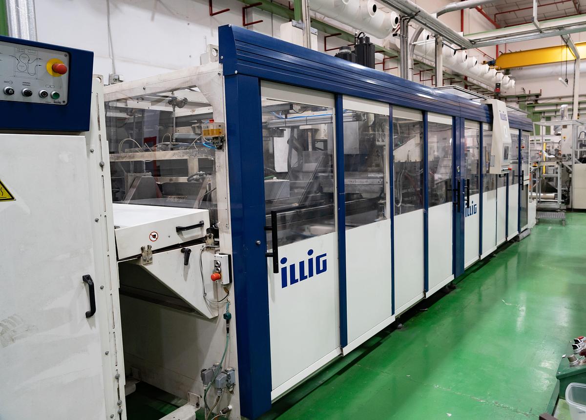 Used Complete PP PS PET Illig RDM 75K and 80K factory comprising 4 in line thermoformers with Amut extrusion systems, Illig thermoformers and stacking. Complete suite of tooling. 2007-2010