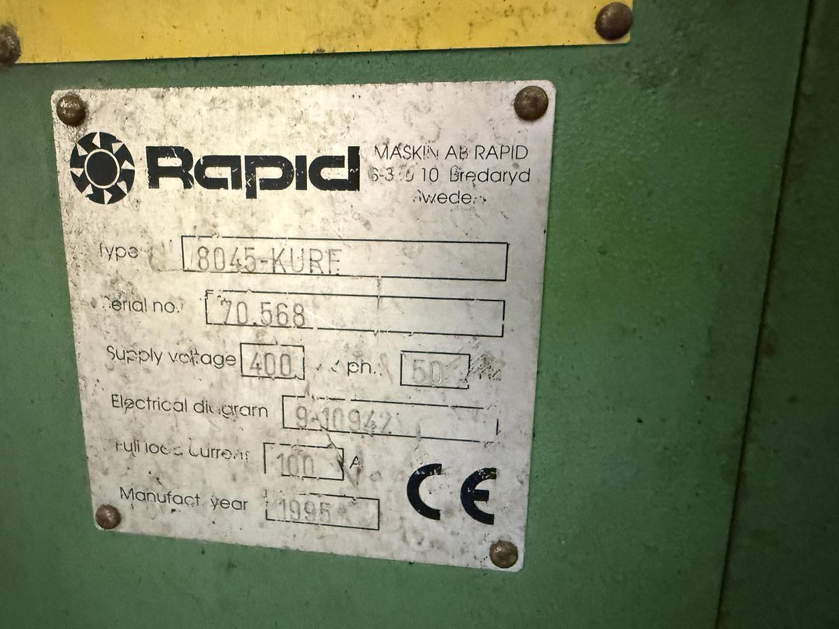 Used 800mm wide Rapid GK8045 KURF granulator with 45kw motor and 5 blade rotor. Nip rolls. Soundproofed with upgraded control panel 1995