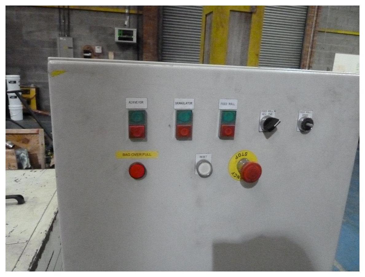 Used 1400mm (56") Wide AEC granulator. Circa 11 kw motor. Fan take off. Soundproofed. Skeletal waste granulator. Separate control panel.