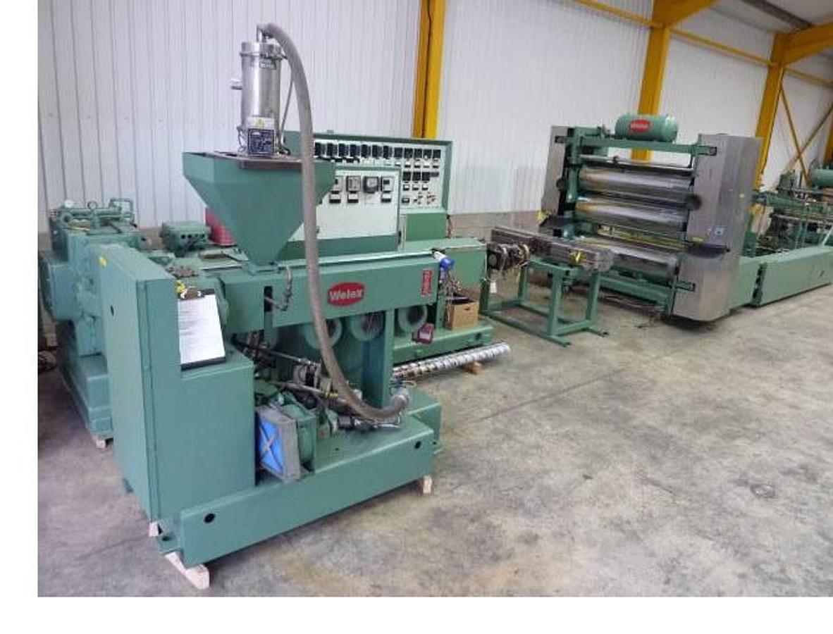 Used 1650mm Welex extrusion line, 90mm Welex extruder, Gear pump, 1500mm die, 1650mm 3 roll vertical stack, pump group, haul off, Guillotine or winder