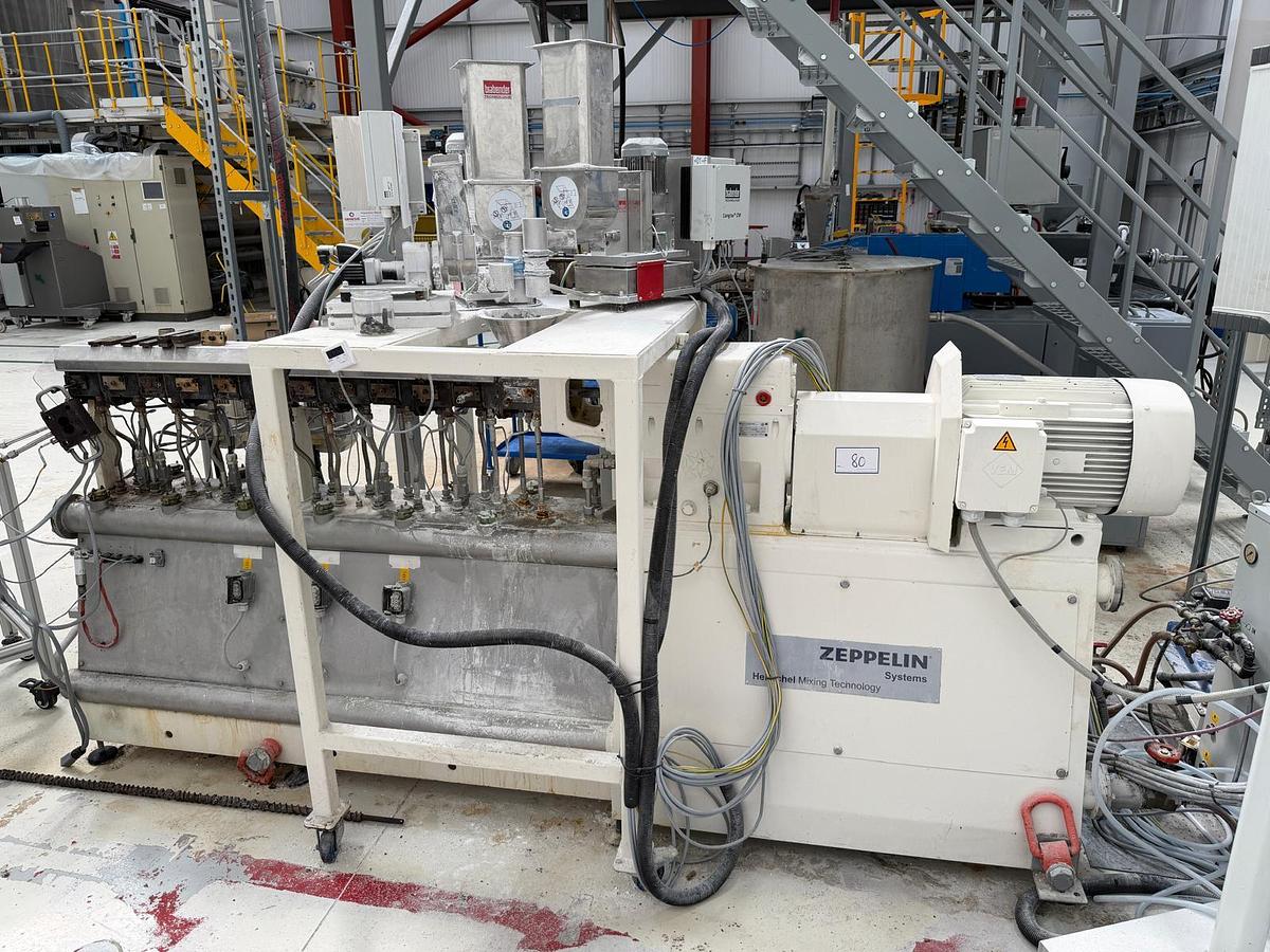 Used 25mm Zeppelin twin screw compounding extruder. 5oD with 9kw motor, 2 side feeders, strand die. Up to 600rpm. 2012