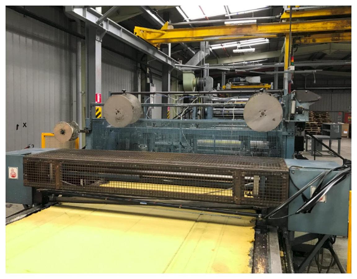 Used 2200mm wide Pla Ma PP foam flame laminator with dual unwind, heat pressure lamination, accumulator and contact winder