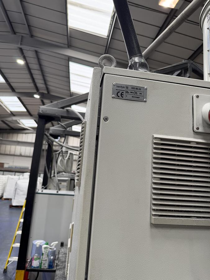 Used 1100mm wide Kentya coextrusion PET sheetlinewith 73mm twinscrew primary extruder, triple vented. 90kw AC motor, screen changer, gear pump 1100mm die, 3 roll stack, haul off, silicone bath, 2 state winder 2010