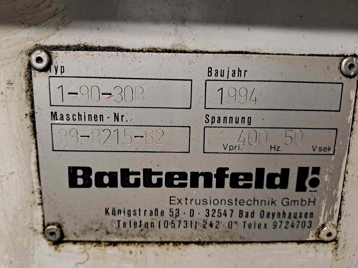 Used 250mm Battenfeld corrugated pipe line with 90mm Battenfeld 1-90-30B extruder, Corma 820-6M corrugator, Cooling tank, take off table.